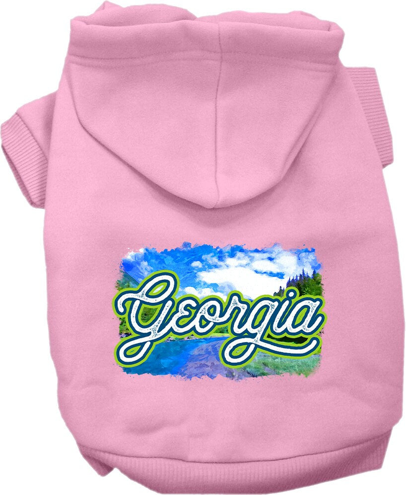 A cozy screen printed hoodie for small to medium pets, featuring a vibrant 'Georgia Summer' design, perfect for dogs and cats.