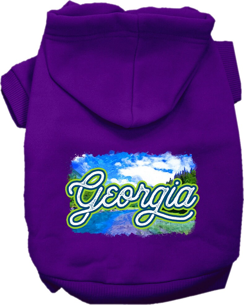 A cozy screen printed hoodie for small to medium pets, featuring a vibrant 'Georgia Summer' design, perfect for dogs and cats.