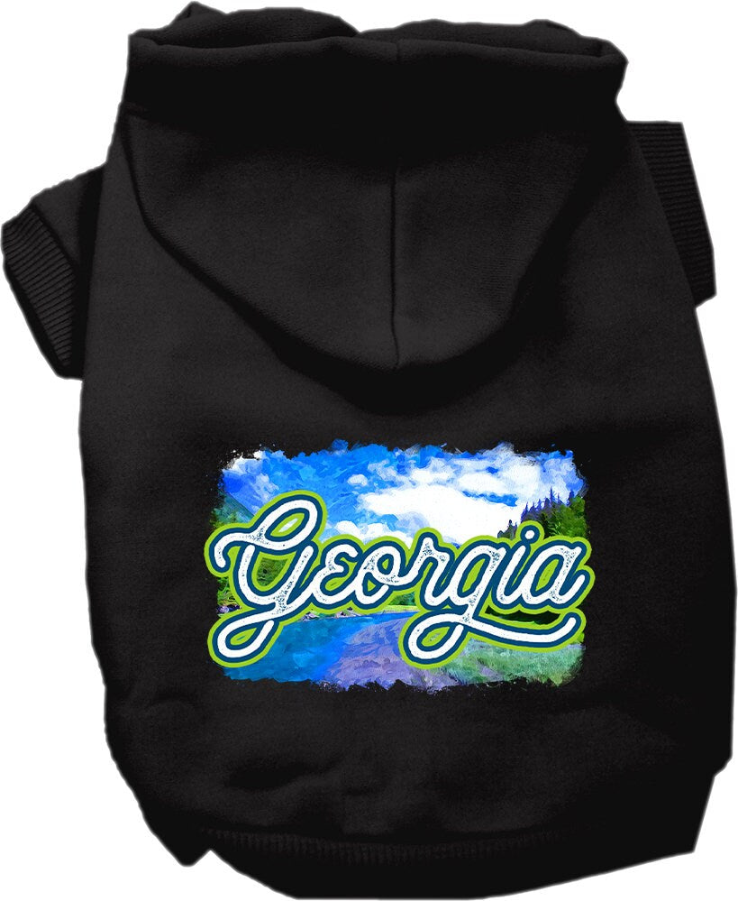 A cozy screen printed hoodie for small to medium pets, featuring a vibrant 'Georgia Summer' design, perfect for dogs and cats.