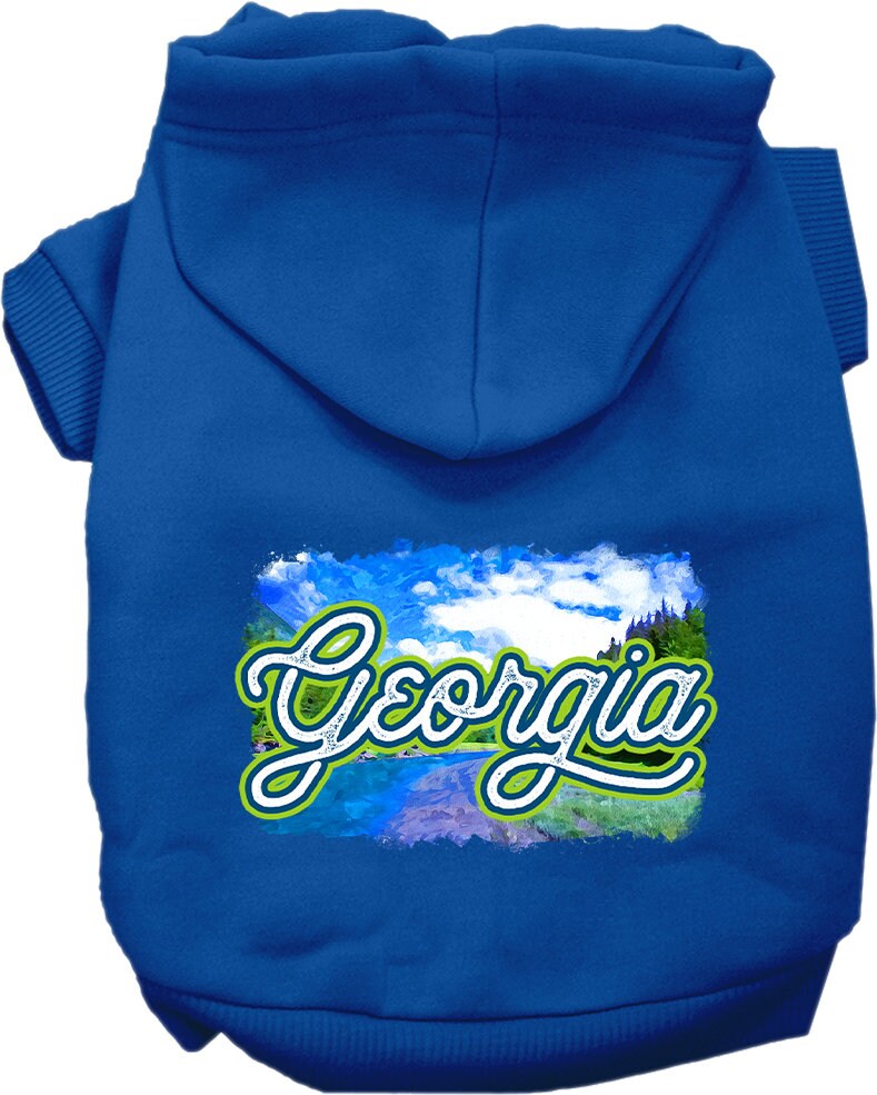 A cozy screen printed hoodie for small to medium pets, featuring a vibrant 'Georgia Summer' design, perfect for dogs and cats.
