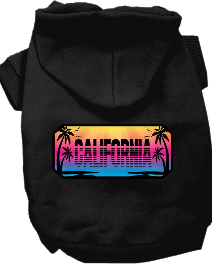 A cozy screen printed hoodie for small to medium pets, featuring a California Beach Shades design, perfect for dogs and cats.