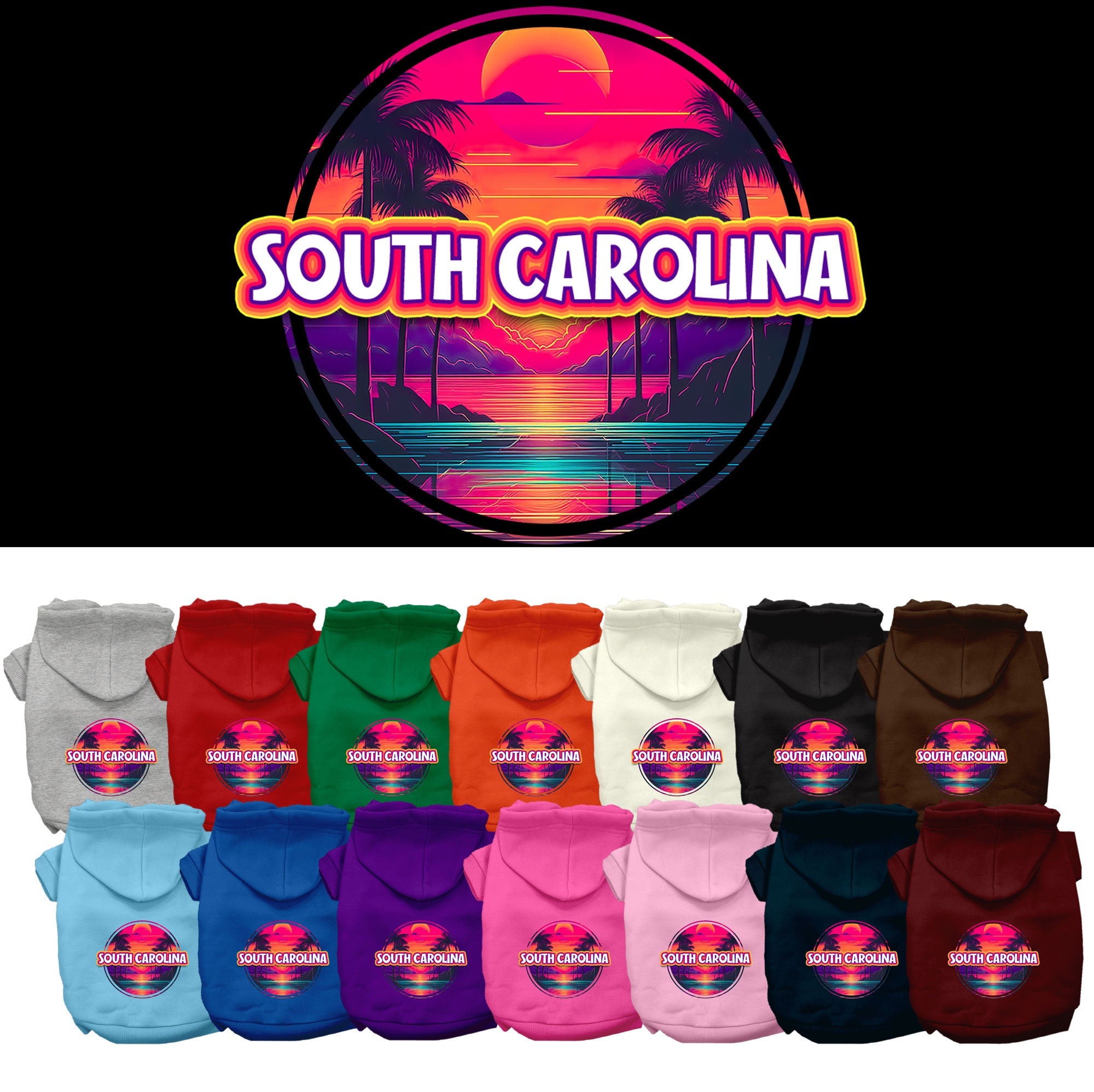A small to medium pet wearing a vibrant South Carolina Neon Beach Sunset hoodie, showcasing its soft fabric and convenient leash access hole.