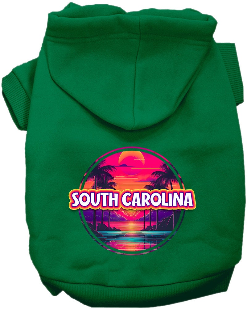 A small to medium pet wearing a vibrant South Carolina Neon Beach Sunset hoodie, showcasing its soft fabric and convenient leash access hole.