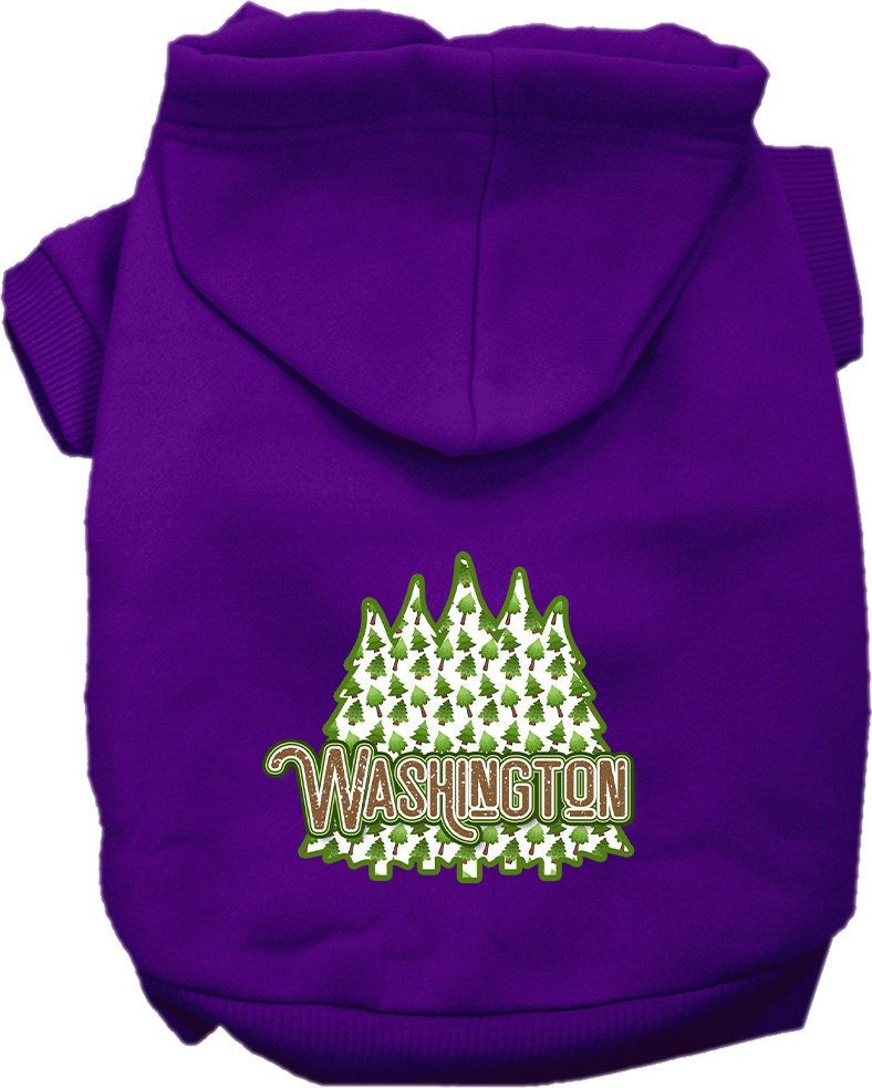 A cozy screen printed hoodie for small to medium pets featuring a Washington Woodland Trees design, perfect for stylish outdoor adventures.