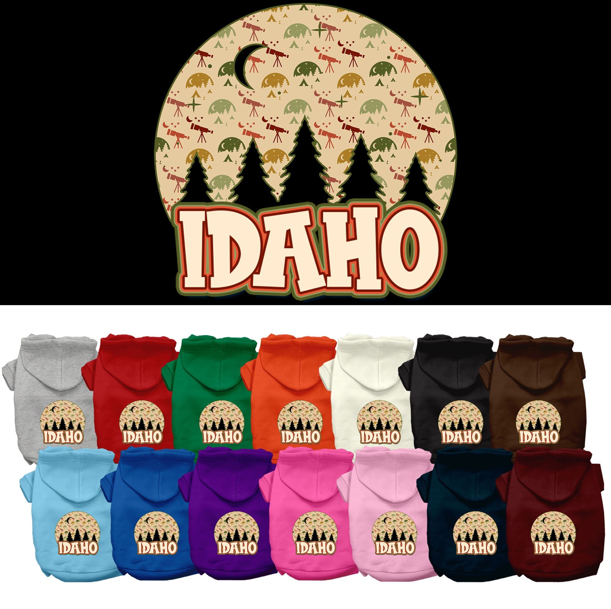 A cozy screen printed hoodie for small to medium pets, featuring a design of Idaho under the stars, showcasing its soft fabric and durable stitching.
