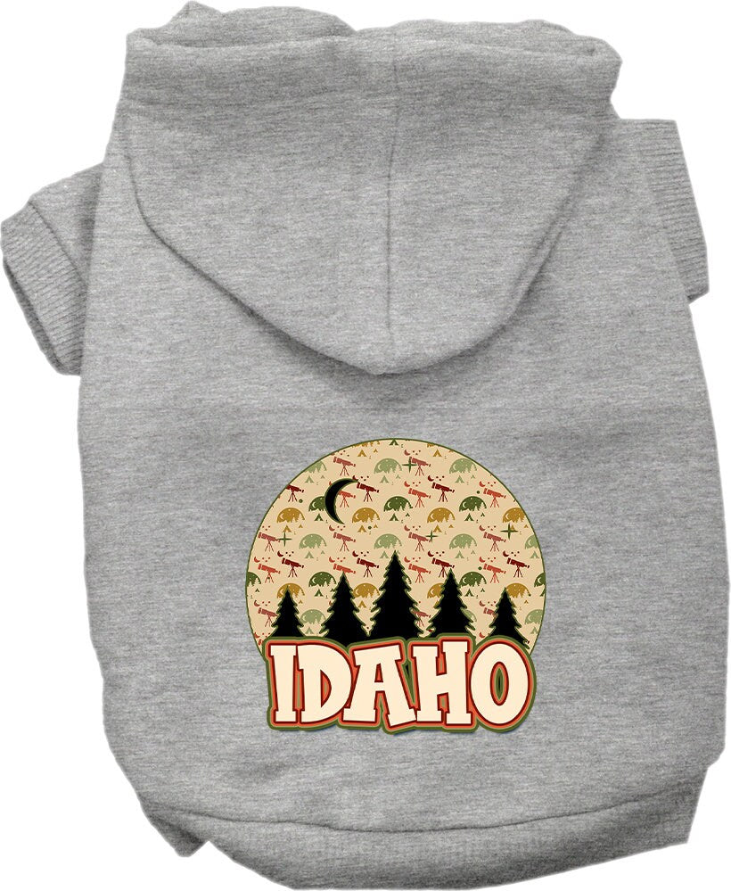 A cozy screen printed hoodie for small to medium pets, featuring a design of Idaho under the stars, showcasing its soft fabric and durable stitching.