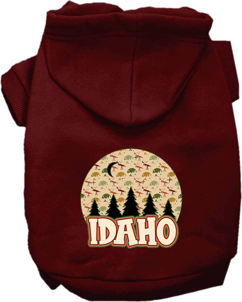 A cozy screen printed hoodie for small to medium pets, featuring a design of Idaho under the stars, showcasing its soft fabric and durable stitching.