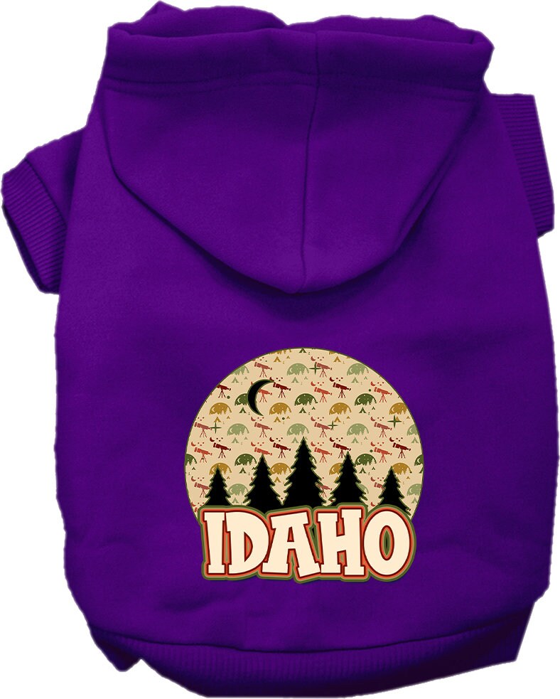 A cozy screen printed hoodie for small to medium pets, featuring a design of Idaho under the stars, showcasing its soft fabric and durable stitching.