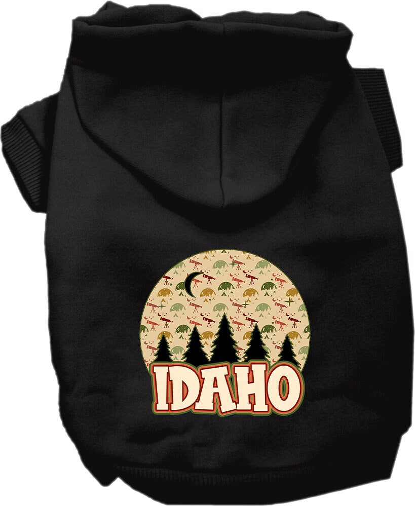 A cozy screen printed hoodie for small to medium pets, featuring a design of Idaho under the stars, showcasing its soft fabric and durable stitching.