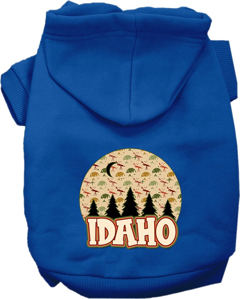 A cozy screen printed hoodie for small to medium pets, featuring a design of Idaho under the stars, showcasing its soft fabric and durable stitching.