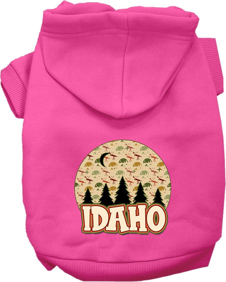 A cozy screen printed hoodie for small to medium pets, featuring a design of Idaho under the stars, showcasing its soft fabric and durable stitching.