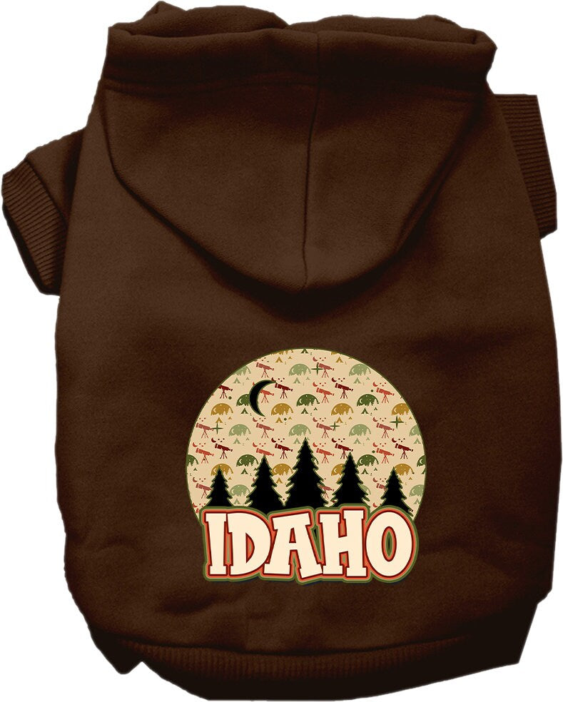 A cozy screen printed hoodie for small to medium pets, featuring a design of Idaho under the stars, showcasing its soft fabric and durable stitching.