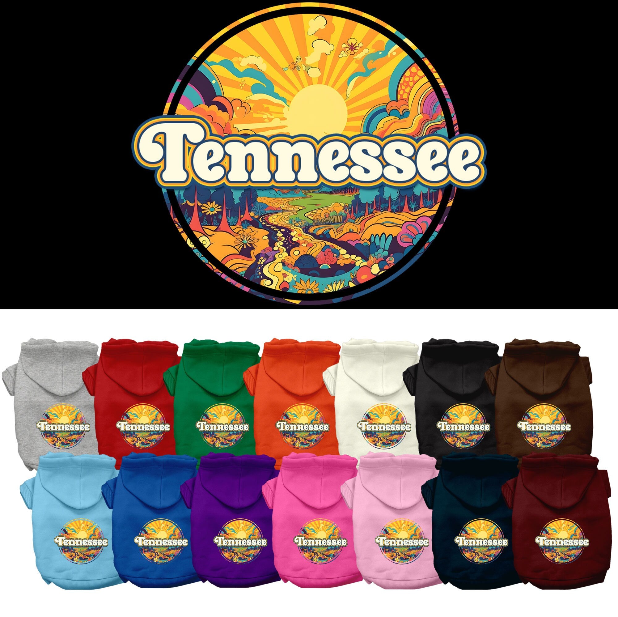 A cozy screen printed hoodie for small to medium pets, featuring a colorful Tennessee Trippy Peaks design, perfect for dogs and cats.