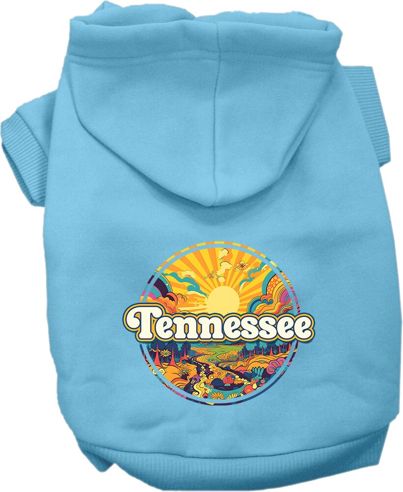 A cozy screen printed hoodie for small to medium pets, featuring a colorful Tennessee Trippy Peaks design, perfect for dogs and cats.