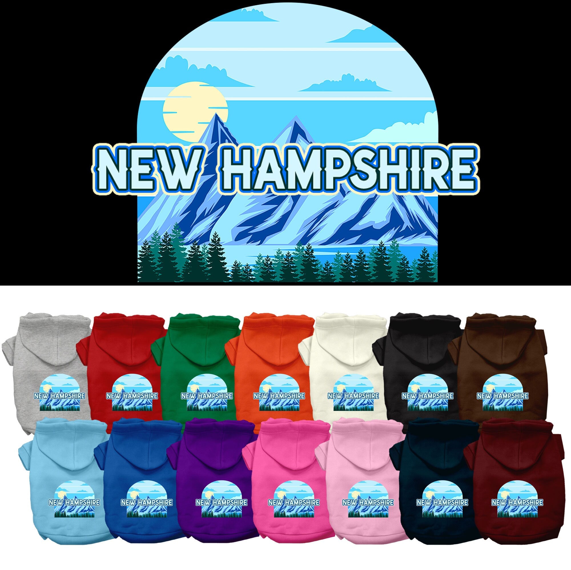 A small to medium pet wearing a stylish screen printed hoodie with a New Hampshire Trailblazer design, showcasing its soft fabric and convenient leash access.