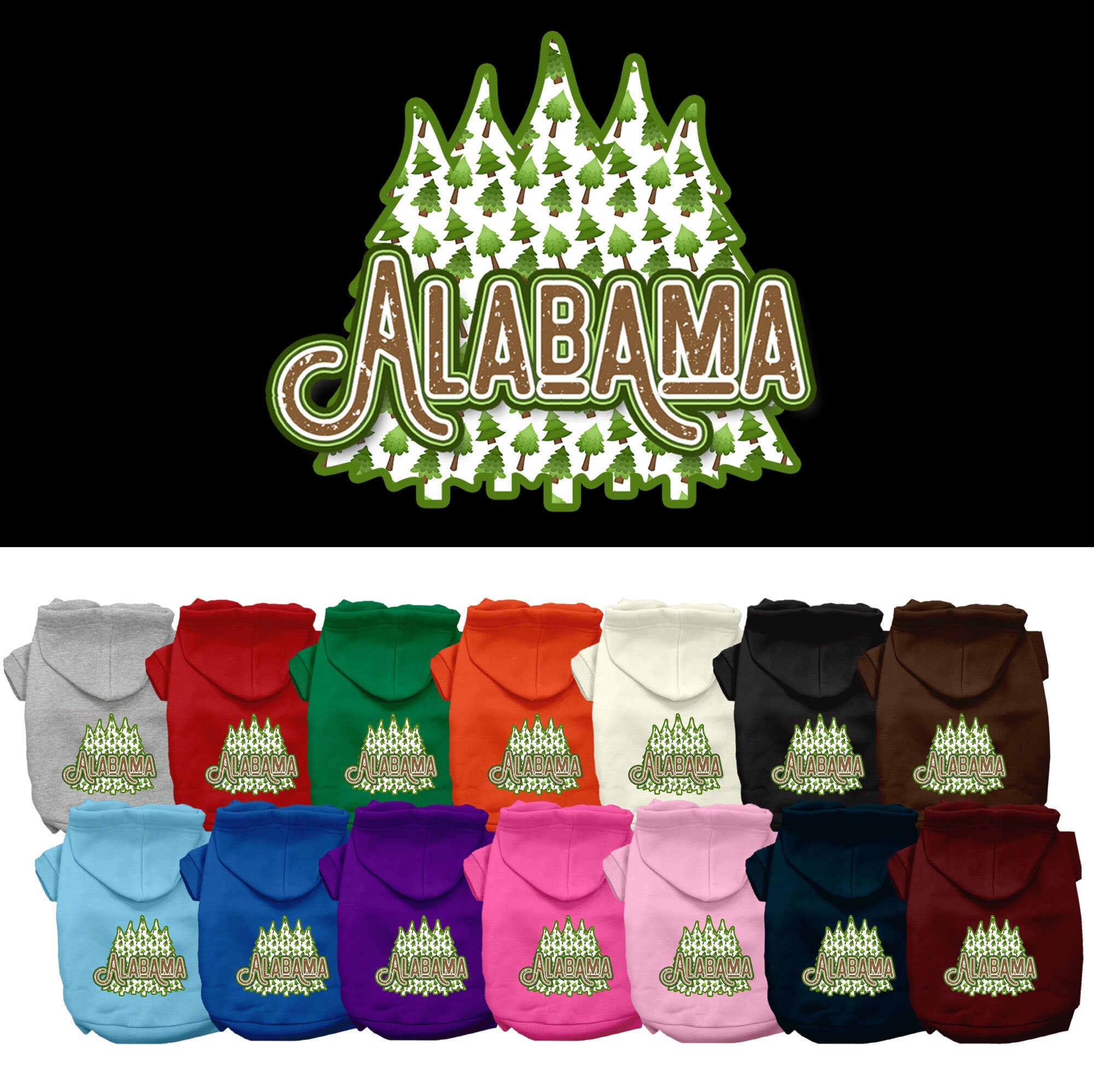 A cozy screen printed hoodie for small to medium pets featuring Alabama Woodland Trees design, perfect for dogs and cats.