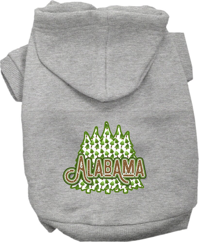 A cozy screen printed hoodie for small to medium pets featuring Alabama Woodland Trees design, perfect for dogs and cats.