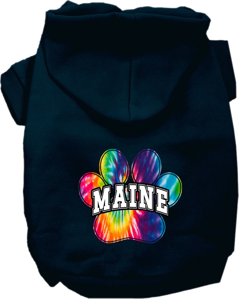A vibrant Maine Bright Tie Dye hoodie designed for small to medium dogs and cats, showcasing its soft fabric and convenient leash access hole.