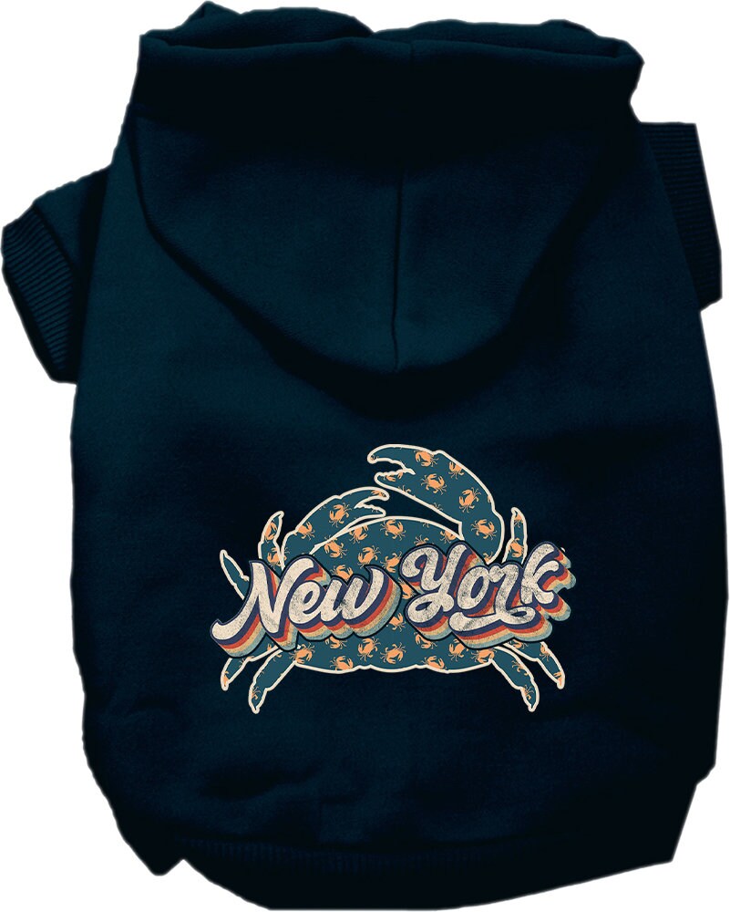 A cozy screen printed hoodie for small to medium pets featuring a fun 'New York Retro Crabs' design, perfect for chilly weather.