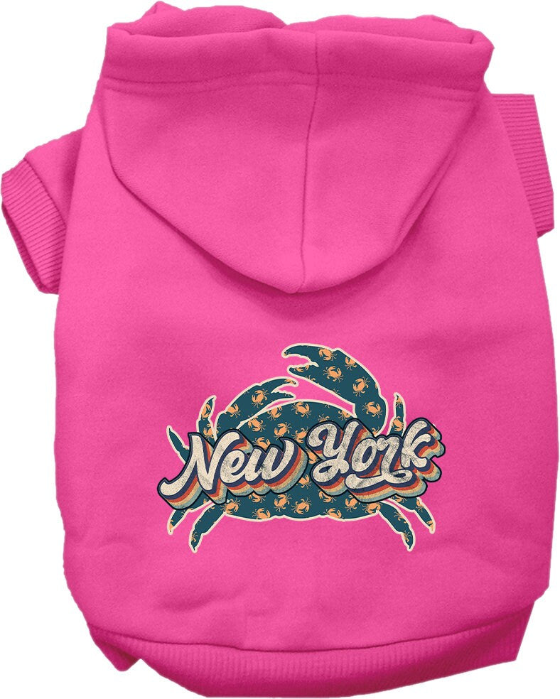 A cozy screen printed hoodie for small to medium pets featuring a fun 'New York Retro Crabs' design, perfect for chilly weather.