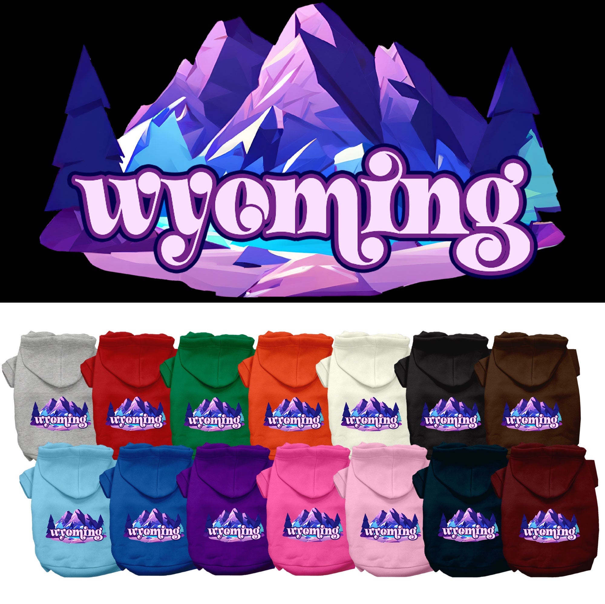 A cozy screen printed hoodie for small to medium pets, featuring the Wyoming Alpine Pawscape design, showcasing its soft fabric and durable stitching.