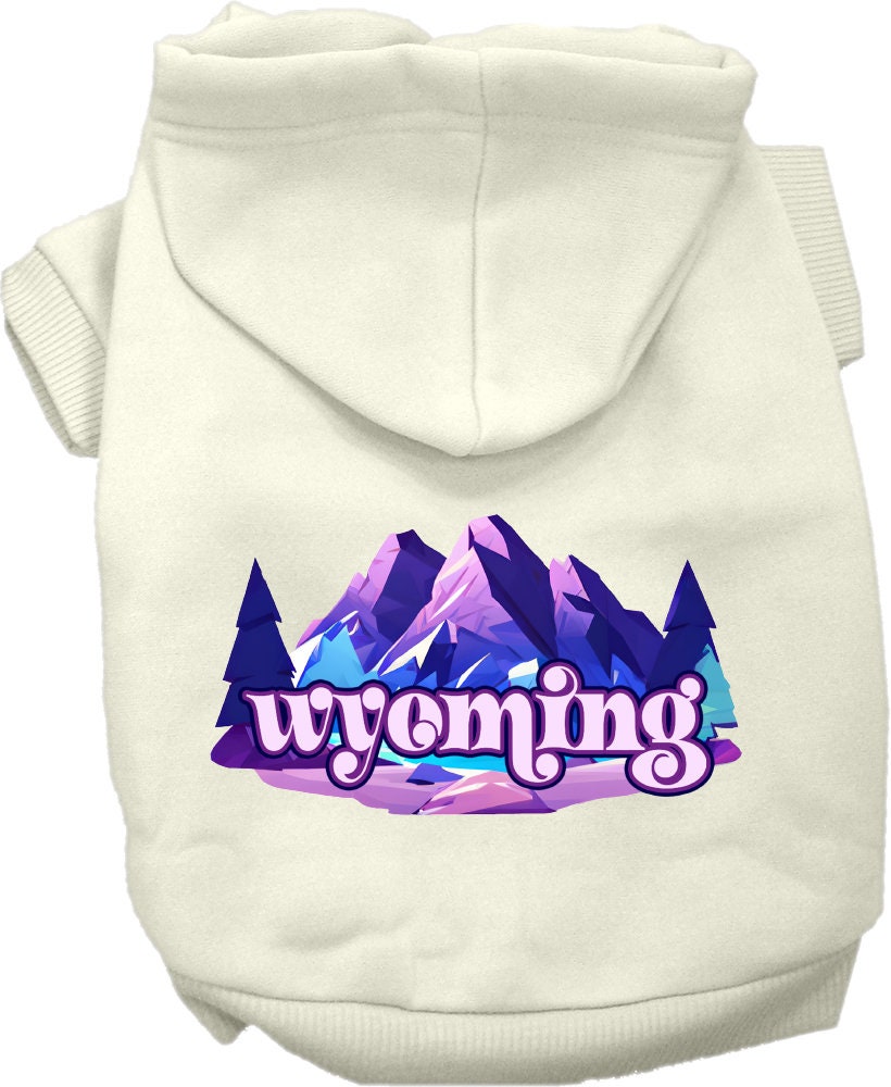 A cozy screen printed hoodie for small to medium pets, featuring the Wyoming Alpine Pawscape design, showcasing its soft fabric and durable stitching.