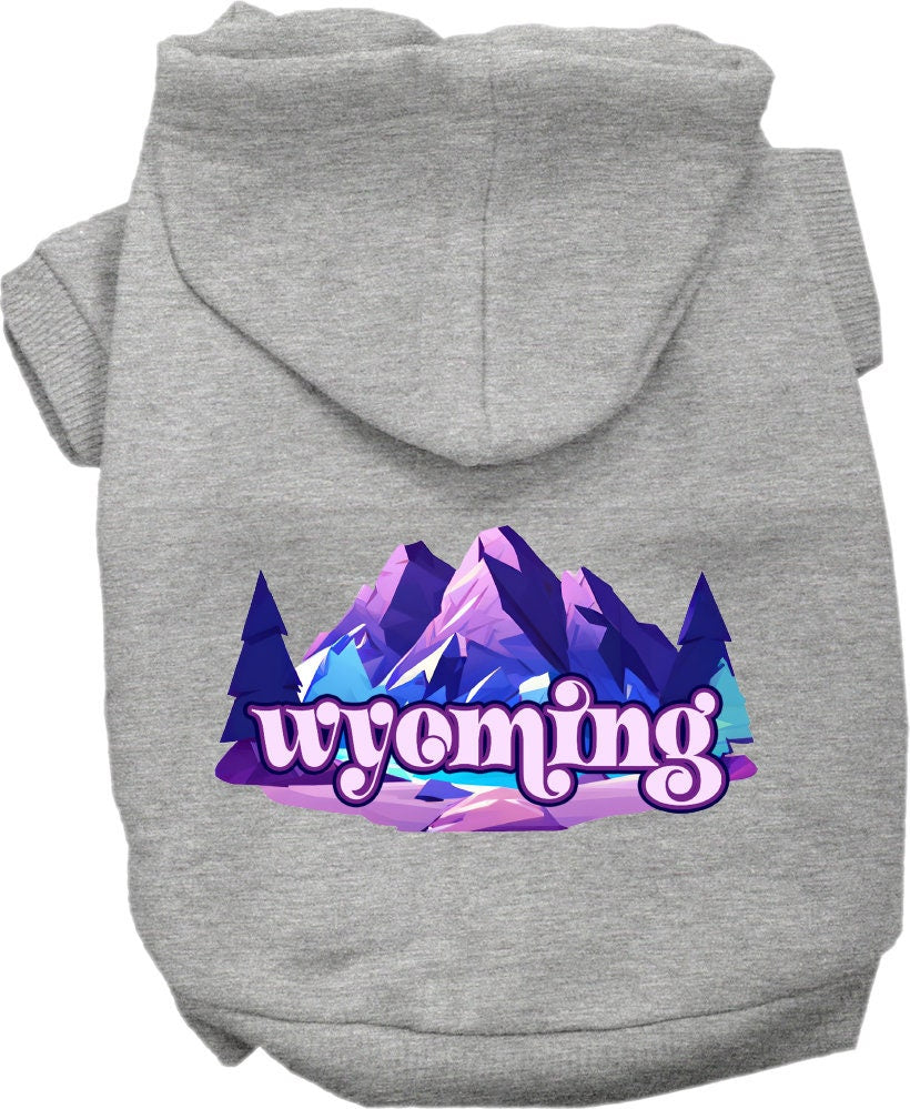 A cozy screen printed hoodie for small to medium pets, featuring the Wyoming Alpine Pawscape design, showcasing its soft fabric and durable stitching.