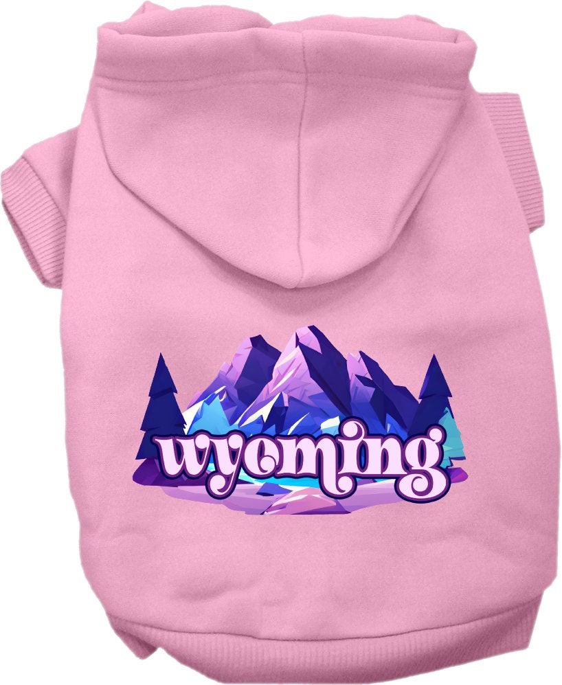 A cozy screen printed hoodie for small to medium pets, featuring the Wyoming Alpine Pawscape design, showcasing its soft fabric and durable stitching.