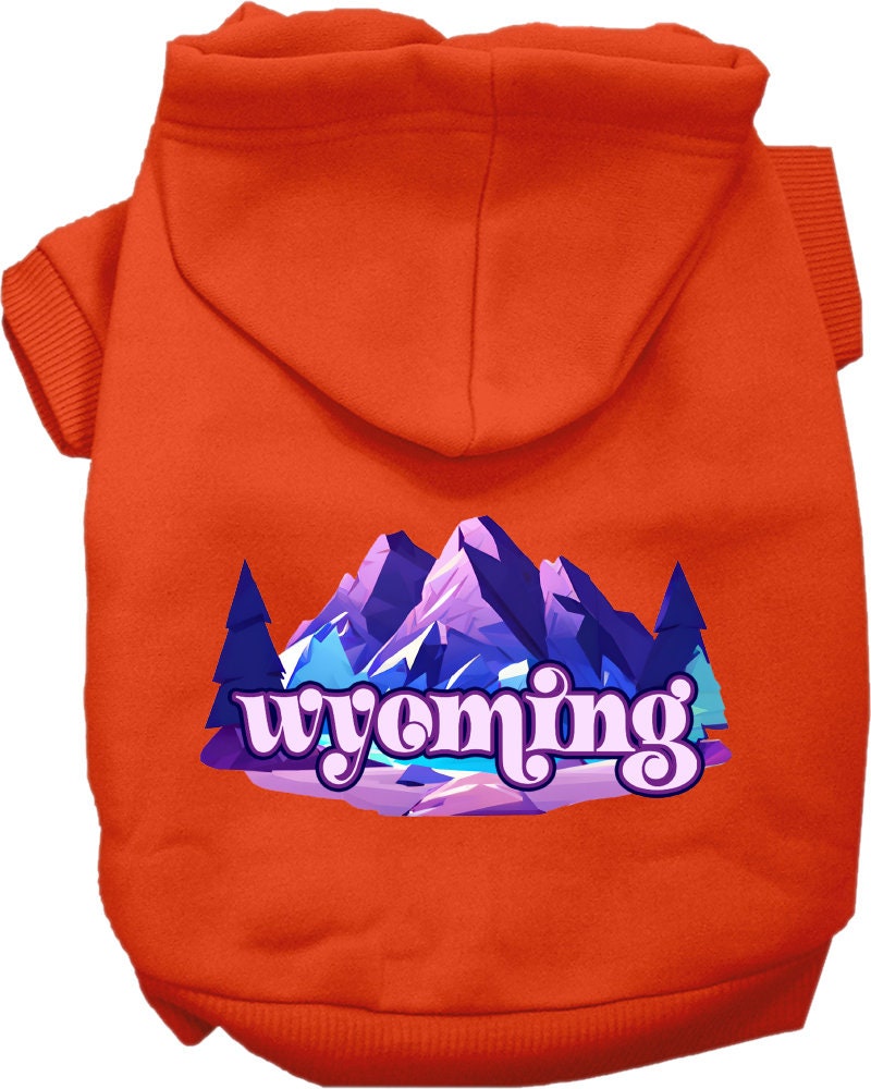A cozy screen printed hoodie for small to medium pets, featuring the Wyoming Alpine Pawscape design, showcasing its soft fabric and durable stitching.
