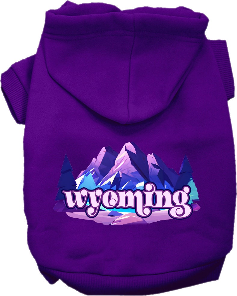A cozy screen printed hoodie for small to medium pets, featuring the Wyoming Alpine Pawscape design, showcasing its soft fabric and durable stitching.