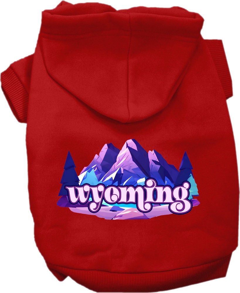 A cozy screen printed hoodie for small to medium pets, featuring the Wyoming Alpine Pawscape design, showcasing its soft fabric and durable stitching.