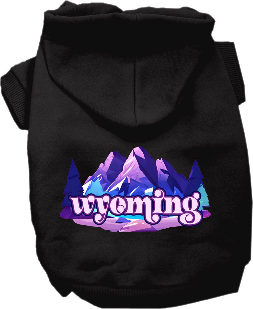A cozy screen printed hoodie for small to medium pets, featuring the Wyoming Alpine Pawscape design, showcasing its soft fabric and durable stitching.