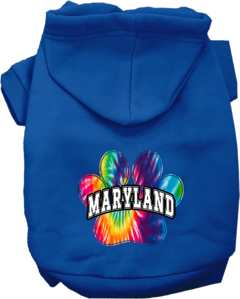 A small to medium pet wearing a colorful Maryland Bright Tie Dye hoodie, showcasing its soft fabric and stylish design.