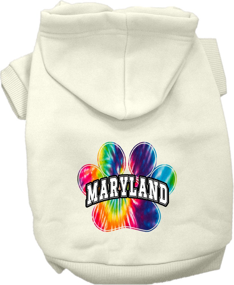 A small to medium pet wearing a colorful Maryland Bright Tie Dye hoodie, showcasing its soft fabric and stylish design.