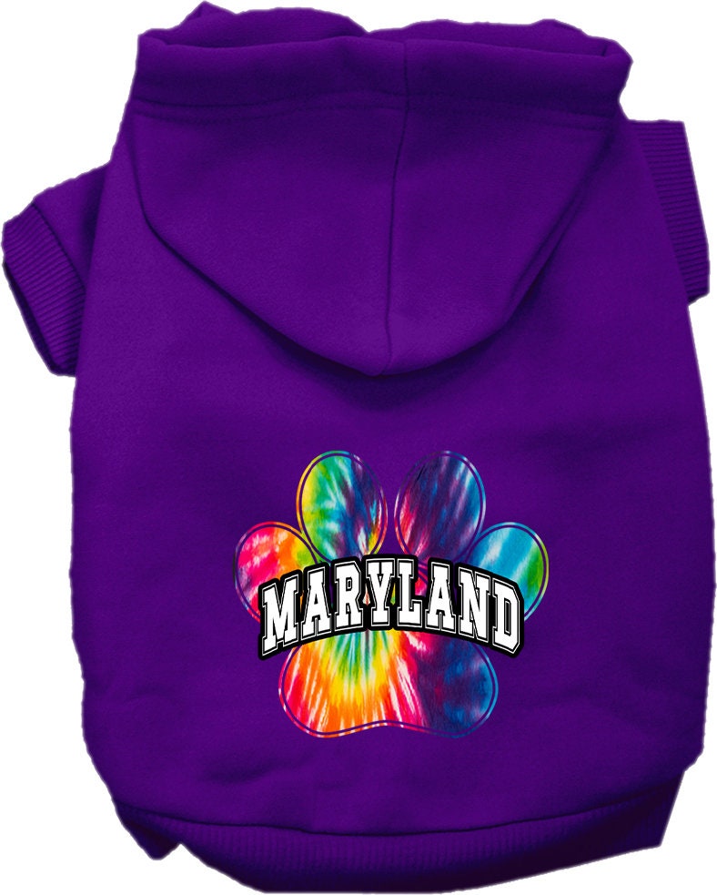 A small to medium pet wearing a colorful Maryland Bright Tie Dye hoodie, showcasing its soft fabric and stylish design.
