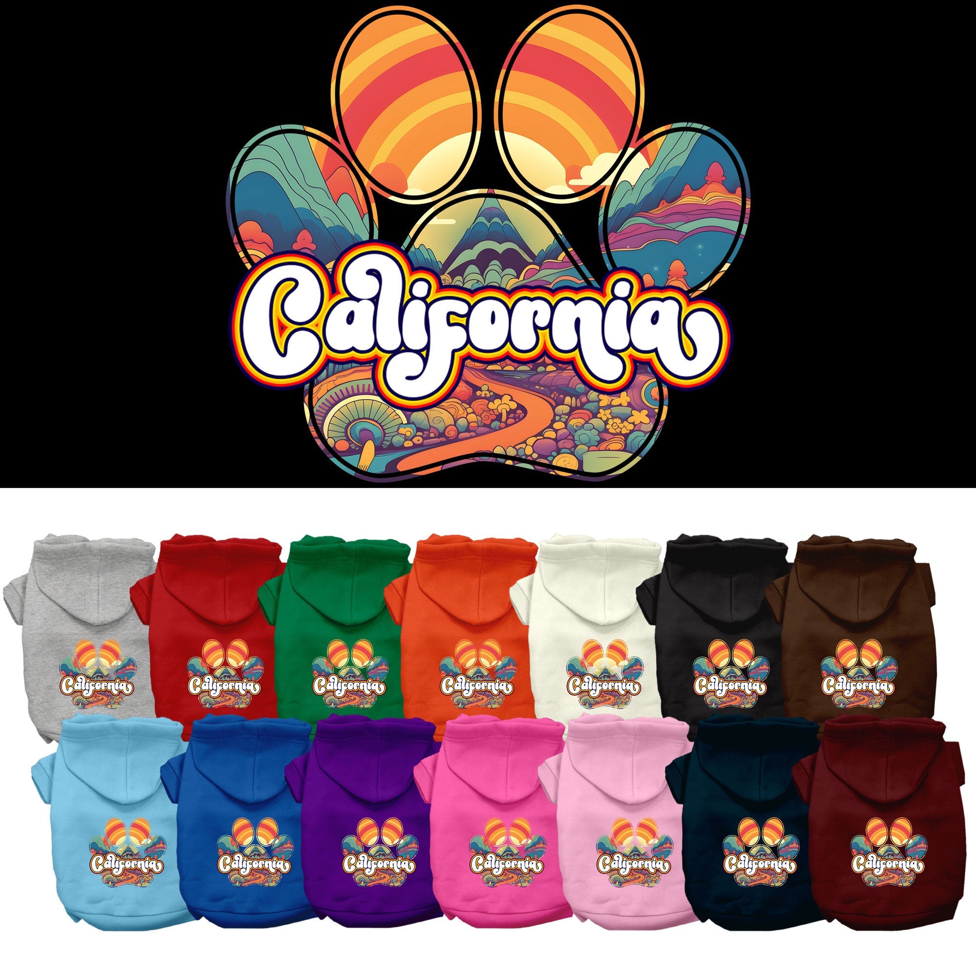 A small to medium pet wearing a California Groovy Summit screen printed hoodie, showcasing its soft fabric and stylish design.