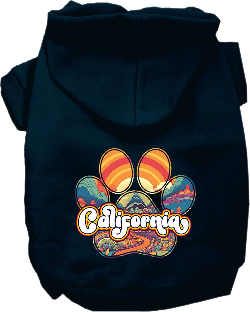 A small to medium pet wearing a California Groovy Summit screen printed hoodie, showcasing its soft fabric and stylish design.