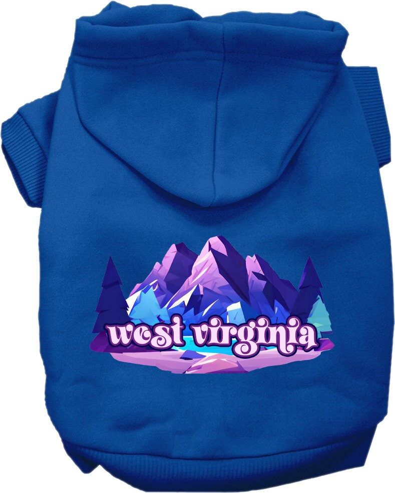 A small to medium pet wearing a cozy screen printed hoodie featuring the 'West Virginia Alpine Pawscape' design, showcasing comfort and style.