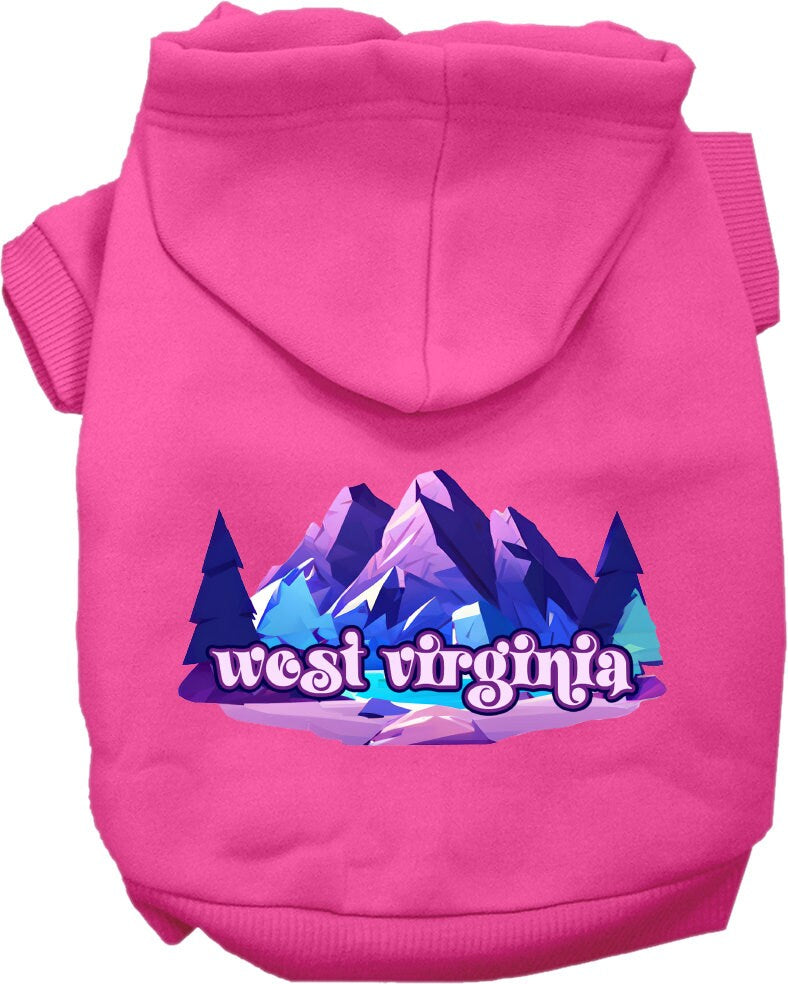 A small to medium pet wearing a cozy screen printed hoodie featuring the 'West Virginia Alpine Pawscape' design, showcasing comfort and style.