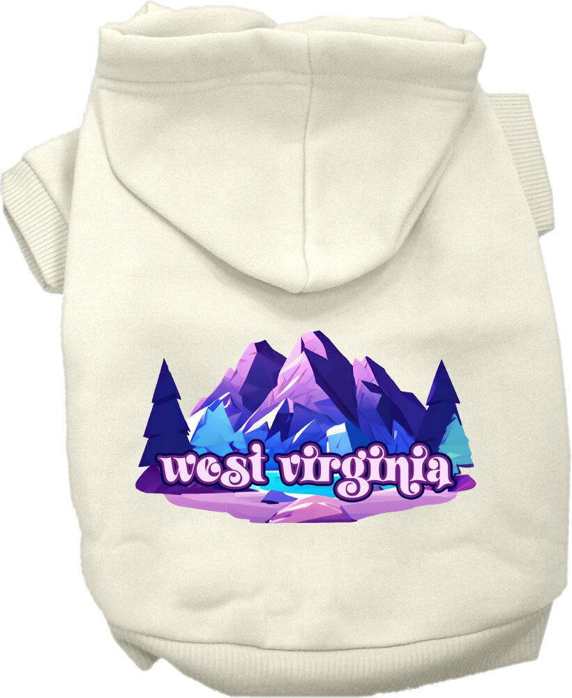 A small to medium pet wearing a cozy screen printed hoodie featuring the 'West Virginia Alpine Pawscape' design, showcasing comfort and style.