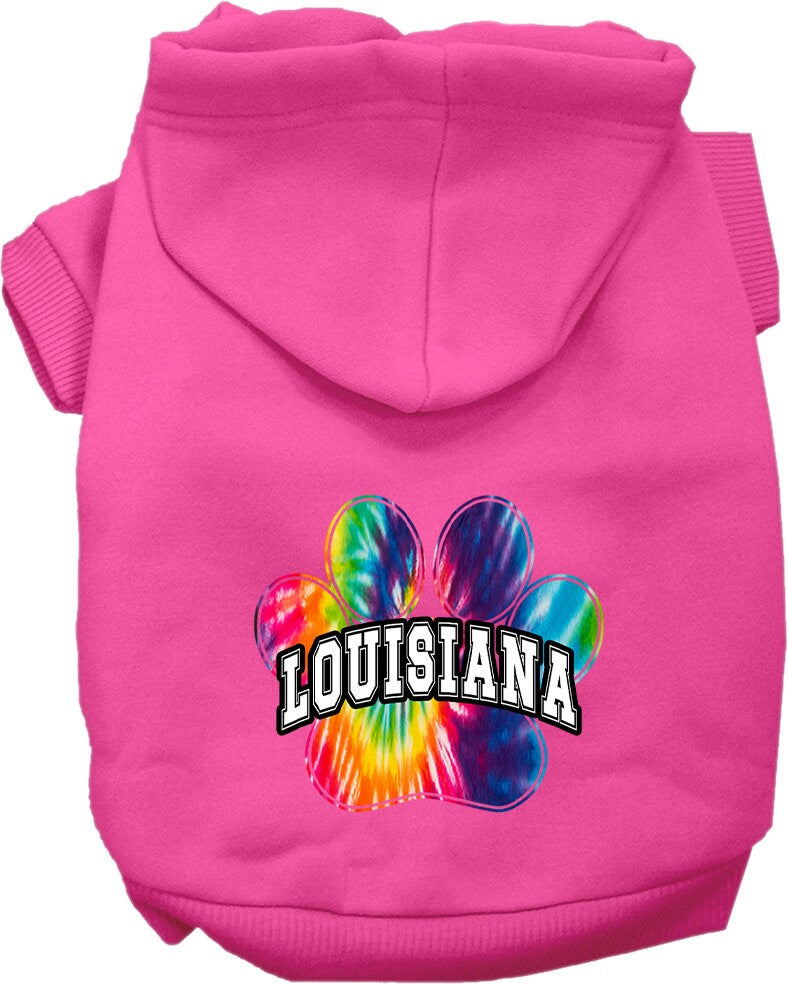 A small to medium pet wearing a vibrant Louisiana Bright Tie Dye hoodie, showcasing its soft fabric and stylish design.
