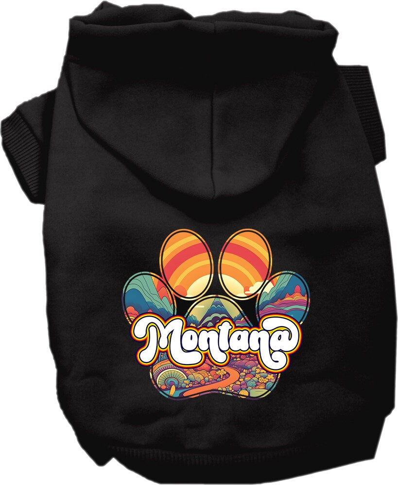 A cozy screen printed hoodie for small to medium pets, featuring a stylish 'Montana Groovy Summit' design, perfect for dogs and cats.