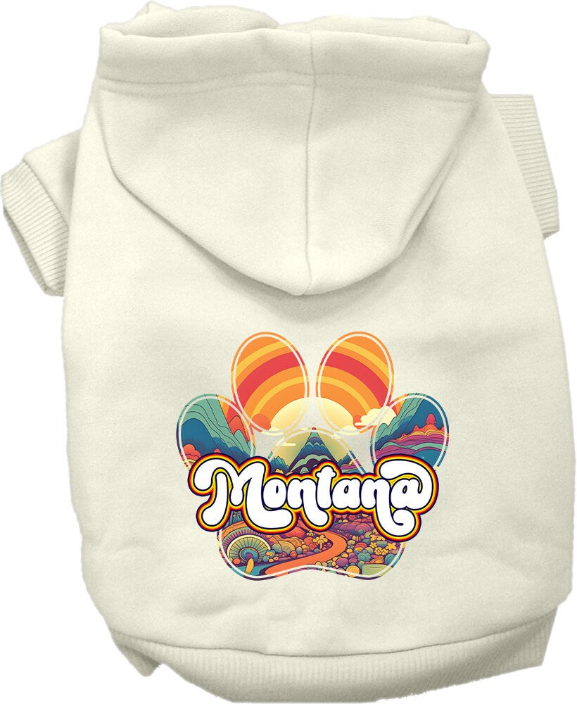 A cozy screen printed hoodie for small to medium pets, featuring a stylish 'Montana Groovy Summit' design, perfect for dogs and cats.