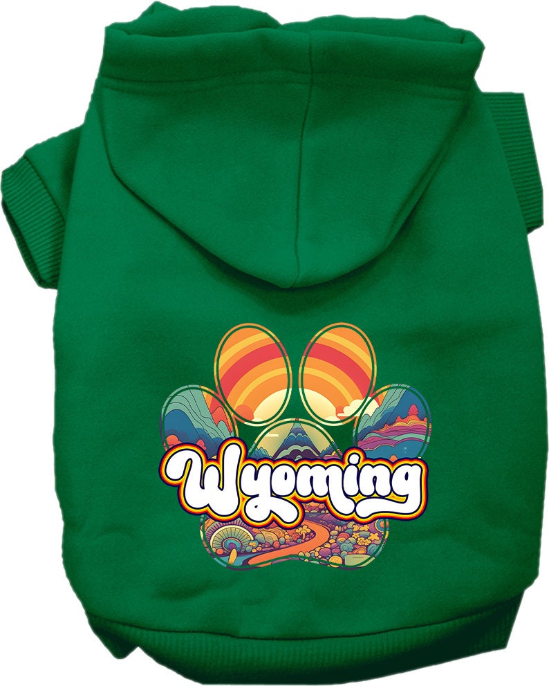 A cozy screen printed hoodie for small to medium pets, featuring the Wyoming Groovy Summit design, showcasing its soft fabric and durable stitching.