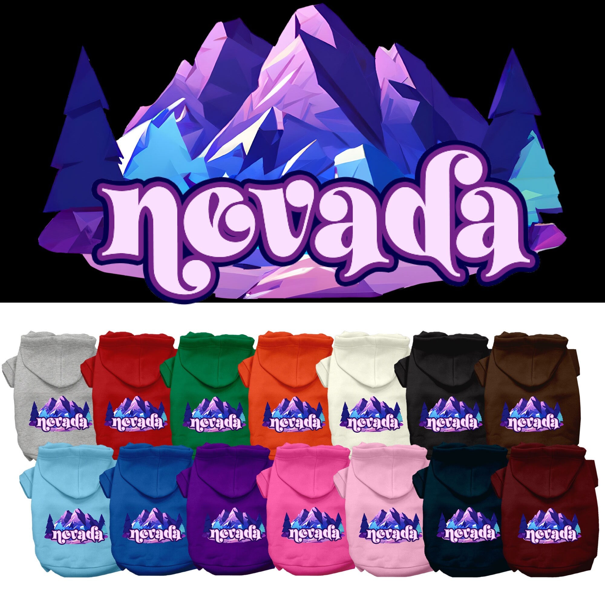 A cozy screen printed hoodie for small to medium pets, featuring the 'Nevada Alpine Pawscape' design, perfect for dogs and cats.