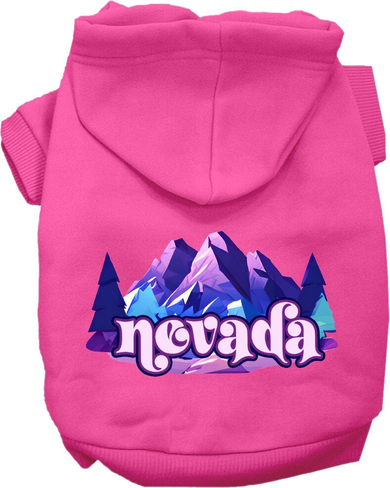 A cozy screen printed hoodie for small to medium pets, featuring the 'Nevada Alpine Pawscape' design, perfect for dogs and cats.