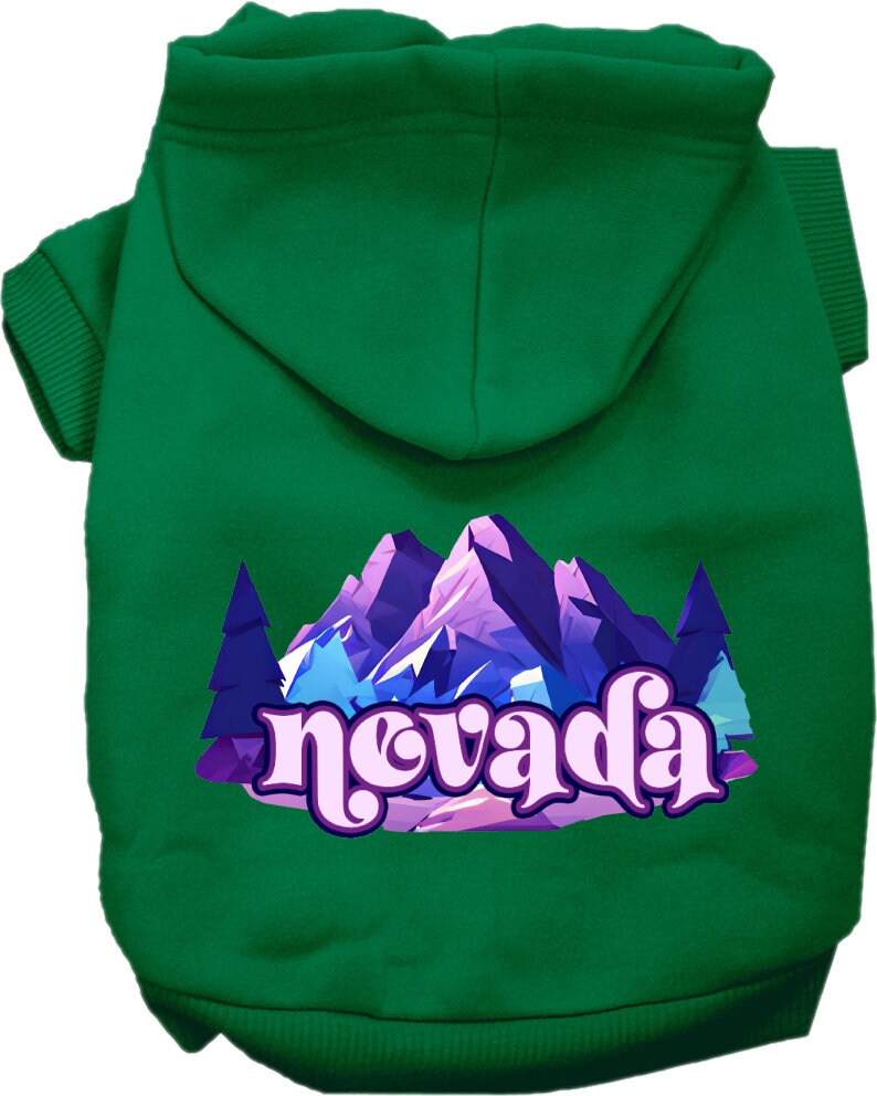 A cozy screen printed hoodie for small to medium pets, featuring the 'Nevada Alpine Pawscape' design, perfect for dogs and cats.