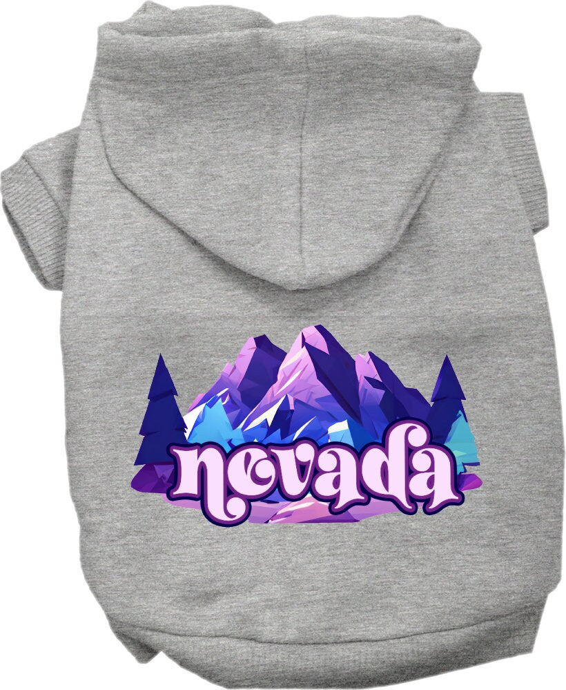 A cozy screen printed hoodie for small to medium pets, featuring the 'Nevada Alpine Pawscape' design, perfect for dogs and cats.