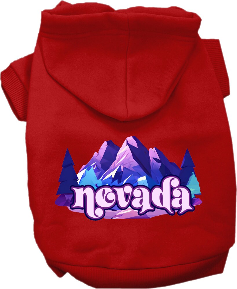 A cozy screen printed hoodie for small to medium pets, featuring the 'Nevada Alpine Pawscape' design, perfect for dogs and cats.