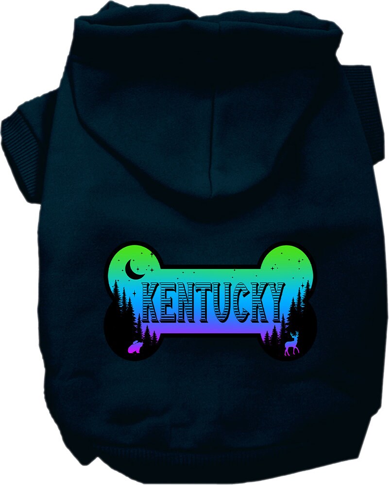 A cozy screen printed hoodie for small to medium pets, featuring a Kentucky Mountain Shades design, perfect for dogs and cats.